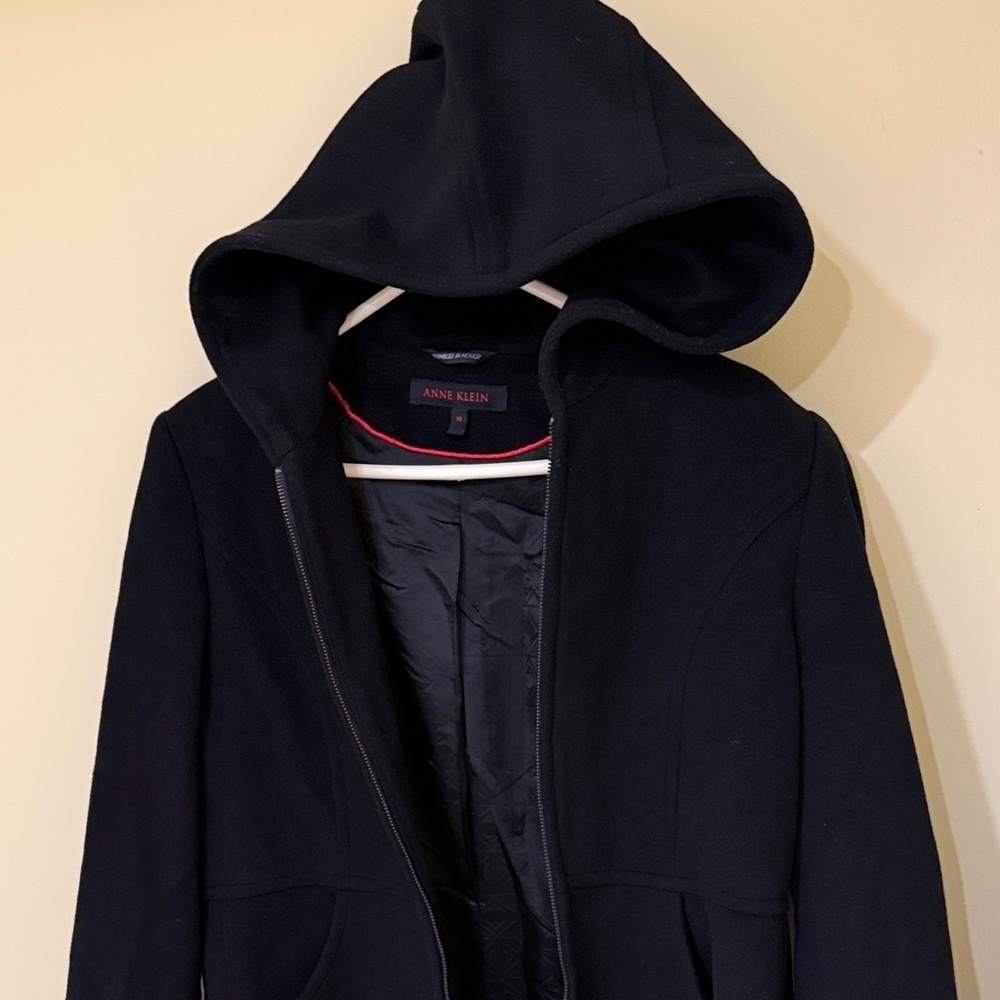 Anne Klein Women Black Hooded Zip-Front Lined Mid-Length Coat Size 10